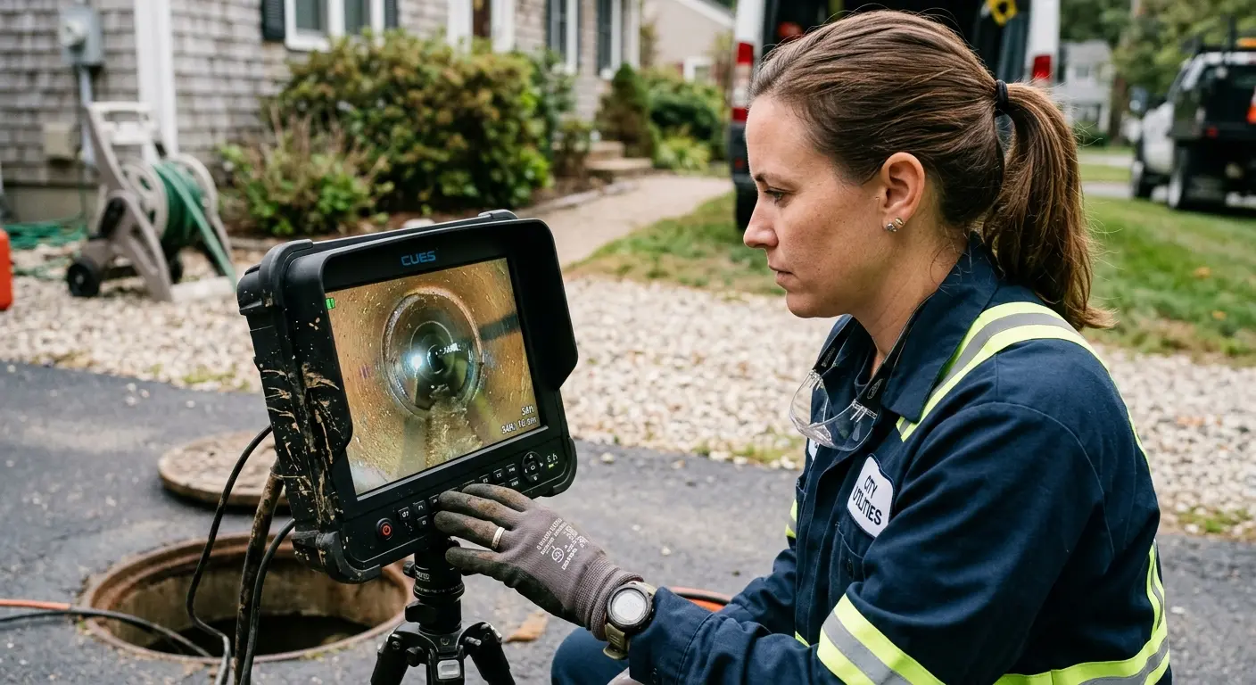 Technician reviewing sewer camera inspection footage in Clay