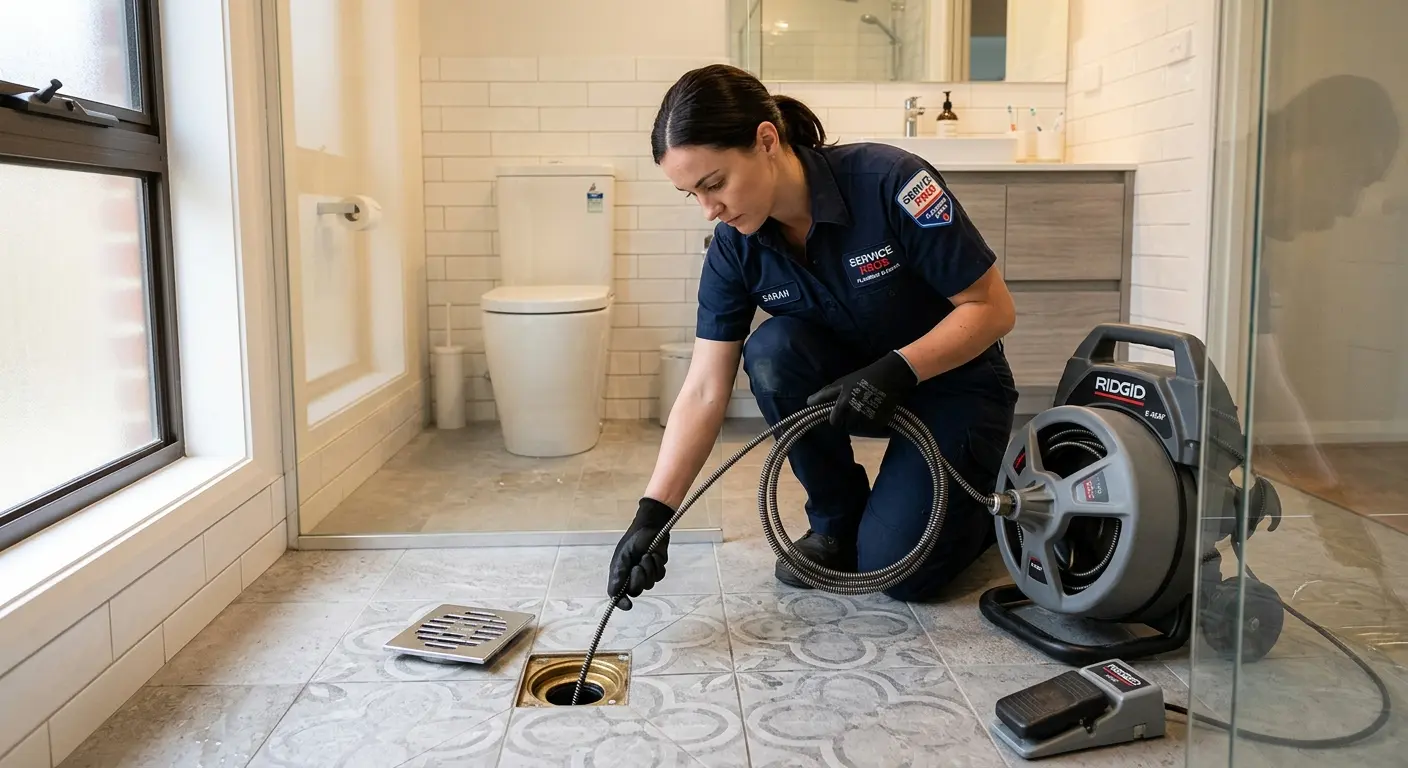 Technician clearing a bathroom floor drain for Sewer Line Installation in Clay